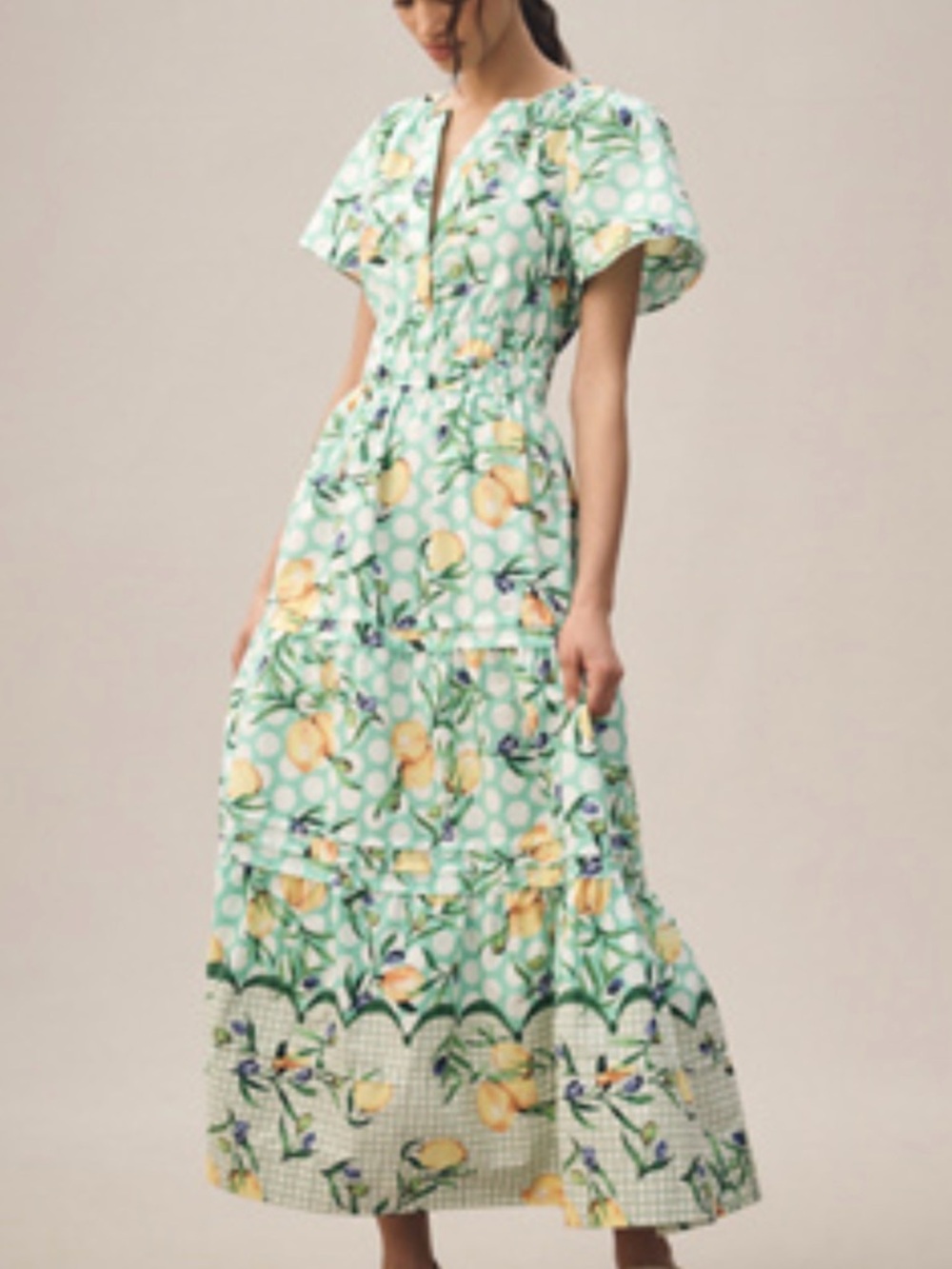 Anthropologie Mint Green Lemon Print Maxi Dress
